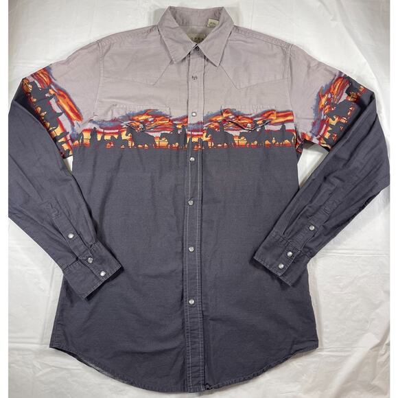 Roper Western Snap Shirt Men’s Medium Long Sleeve Cowboy Sunset Horse Print - Picture 1 of 7